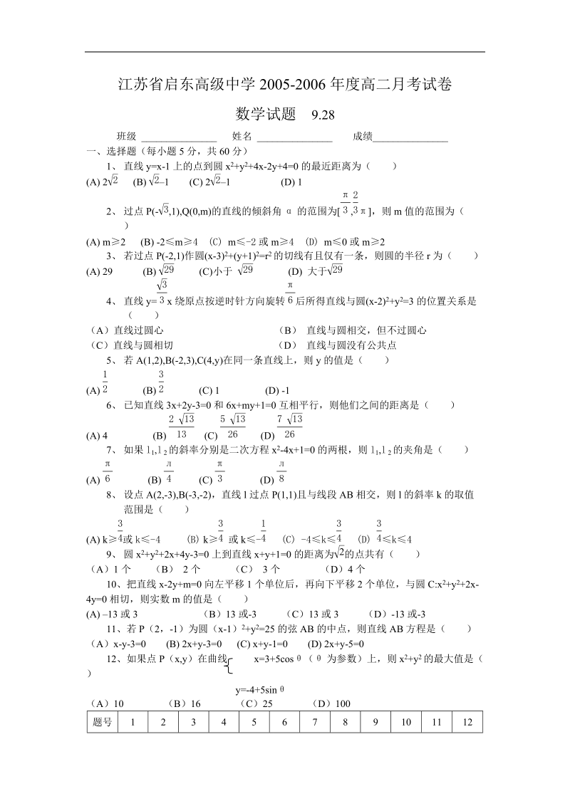 《圆的方程》同步练习2（直线和圆的方程）（新人教a版必修2）.doc_第1页