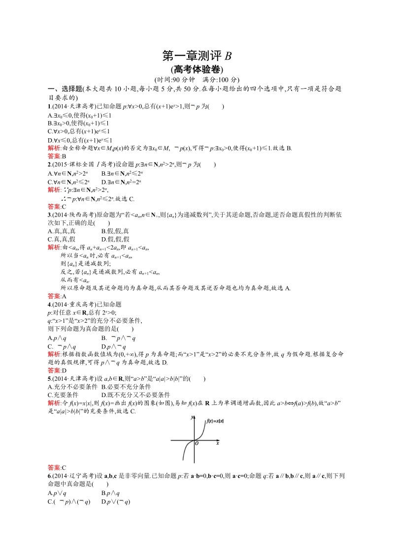 【高中同步测控 优化设计】高中数学人教a版选修2-1练习：第1章 常用逻辑用语测评b.doc_第1页