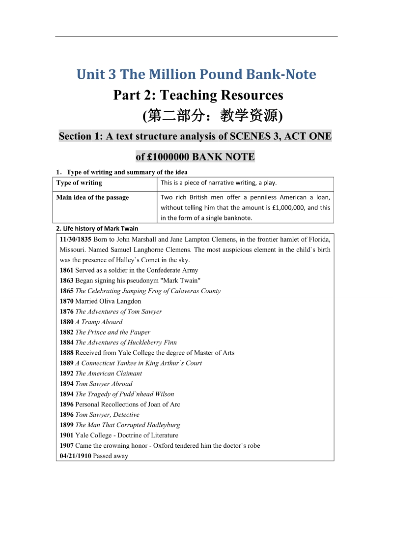 高中英语人教版备课资料包：必修3 unit 3教案 teaching resources.doc_第1页