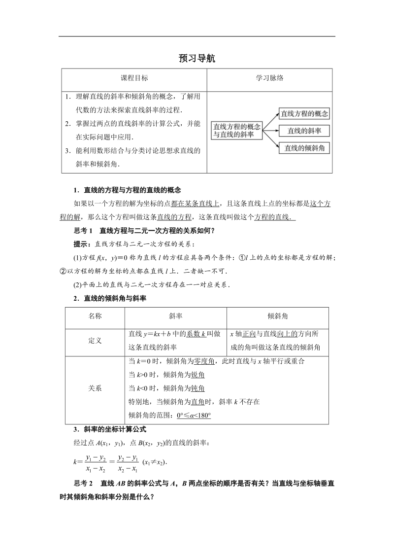 2017年高中数学人教b必修2学案：预习导航+2.2.1直线方程的概念与直线的斜率+word版含解析.doc_第1页