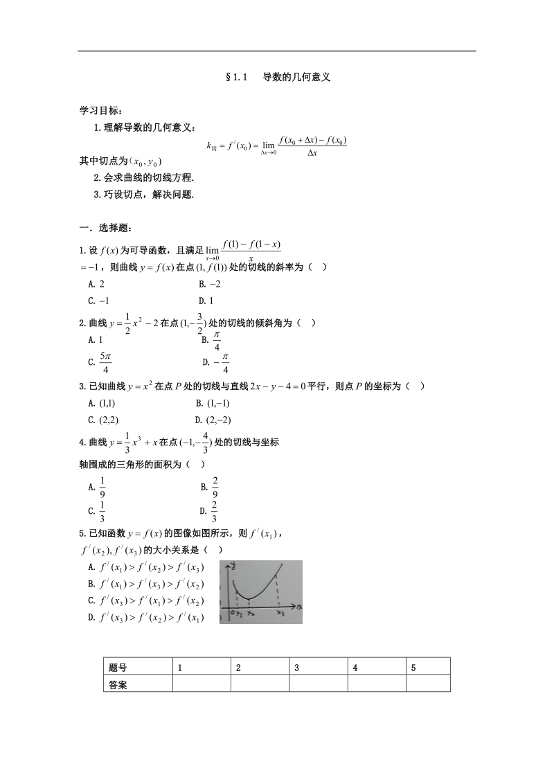 安徽省2016届高三复习测试题 数学 选修2-2 1.1导数的几何意义.doc_第1页