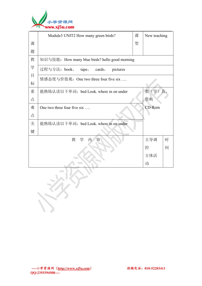 2016春外研版（一起）一下module 3《unit 2 how many green birds》教案.doc_第1页