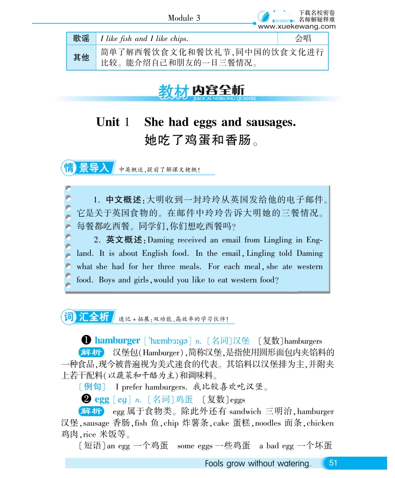 2016外研社版英语五年级下·教材全析·module3 unit1 she had eggs and sausages..pdf_第1页