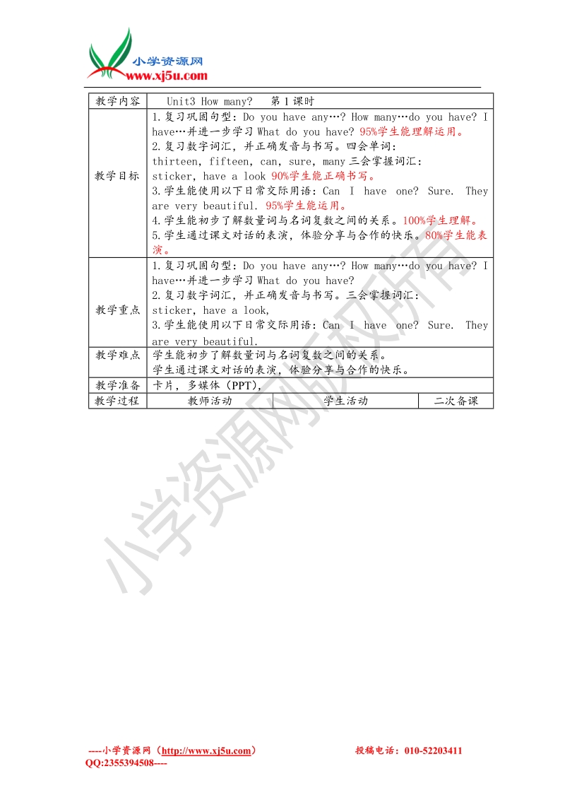 2017秋（译林版）四年级英语上册unit 3 how many教案.doc_第1页