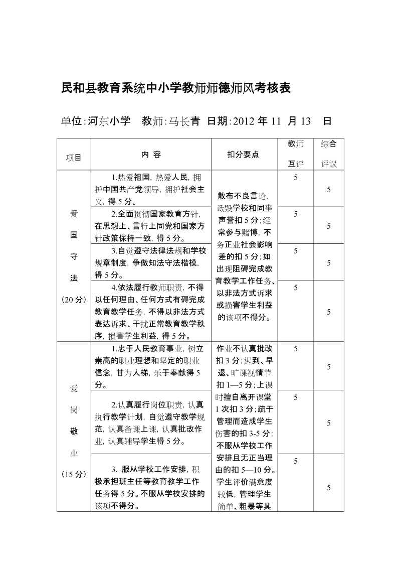 宝典民和县教育系统中小学教师师德师风考核表.doc_第1页