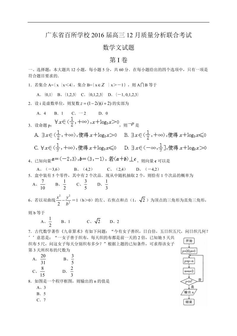 2016年广东省百所学校高三12月质量分析联合考试数学（文）试题.doc_第1页