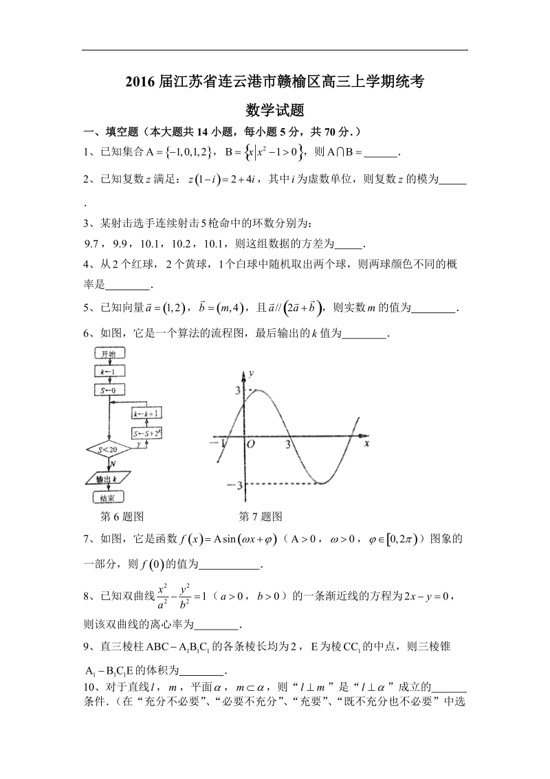 2016年江苏省连云港市赣榆区高三上学期统考 数学试题.doc_第1页