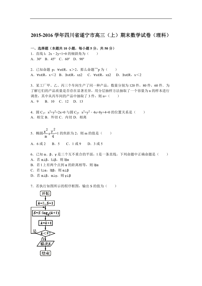 2016年四川省遂宁市高三上学期期末数学试卷（理科）（解析版）.doc_第1页