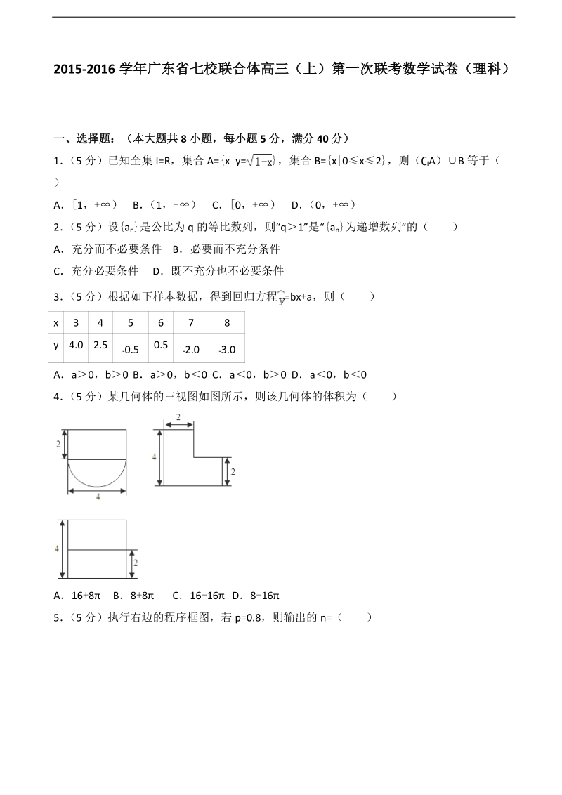 2015-2016届广东省七校联合体高三（上）第一次联考数学试卷（理科）（解析版）.doc_第1页