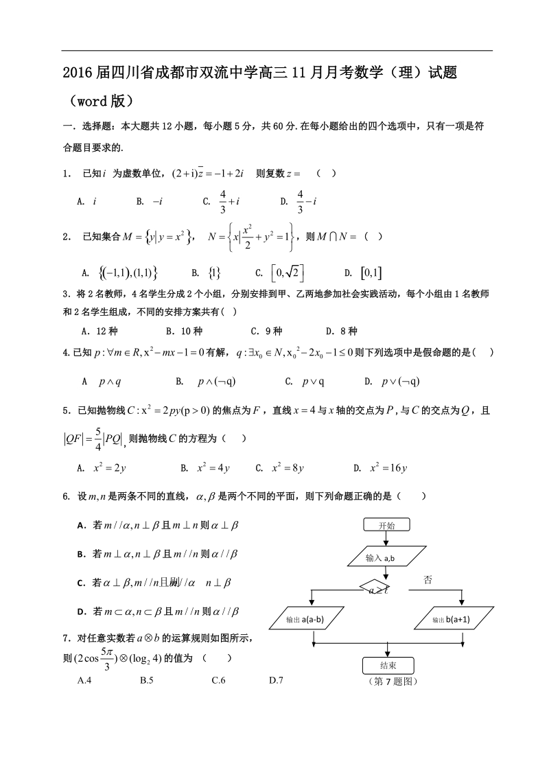 2016年四川省成都市双流中学高三11月月考数学（理）试题 （word版）.doc_第1页