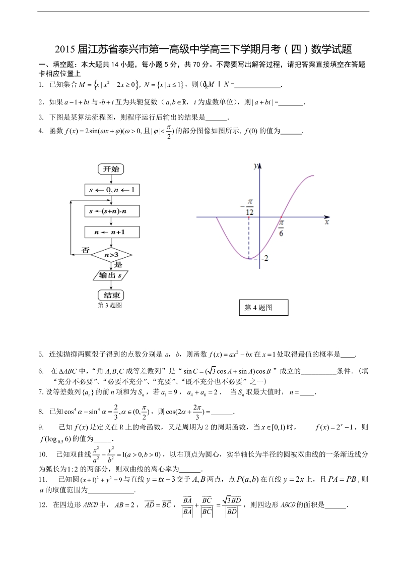 2015年江苏省泰兴市第一高级中学高三下学期月考（四）数学试题.doc_第1页