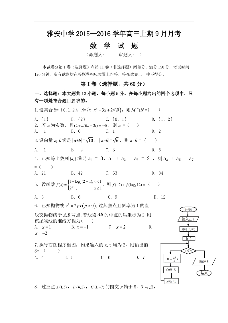 2016年四川省雅安中学高三9月月考数学（理）试题.doc_第1页