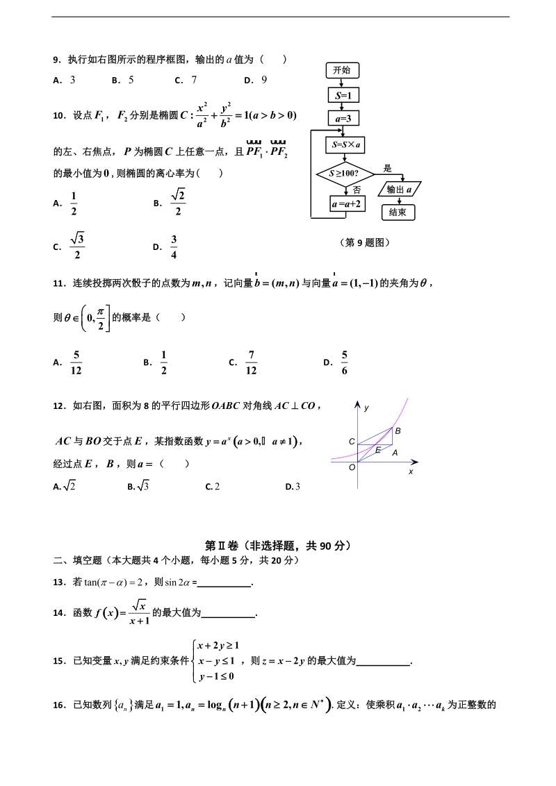 2016年吉林省毓文中学高三9月月考数学（文）试题.doc_第2页