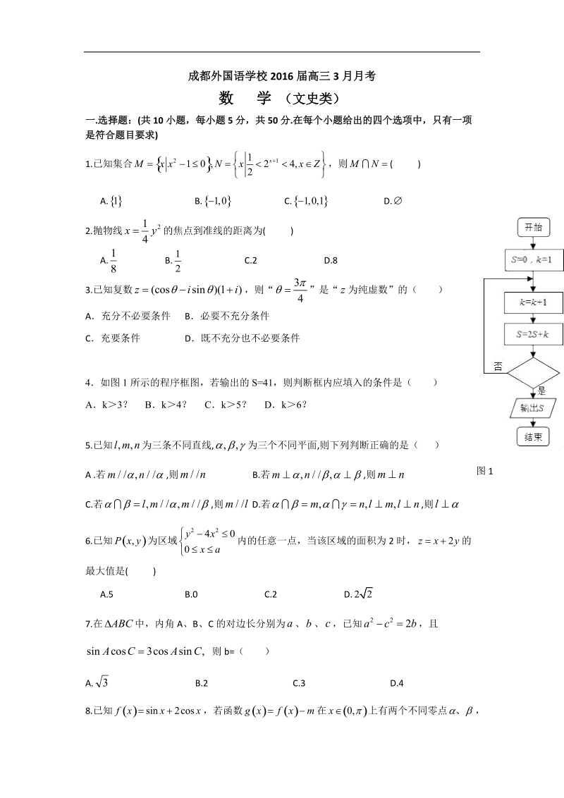 2016年四川省成都外国语学校高三3月月考数学（文）试题.doc_第1页