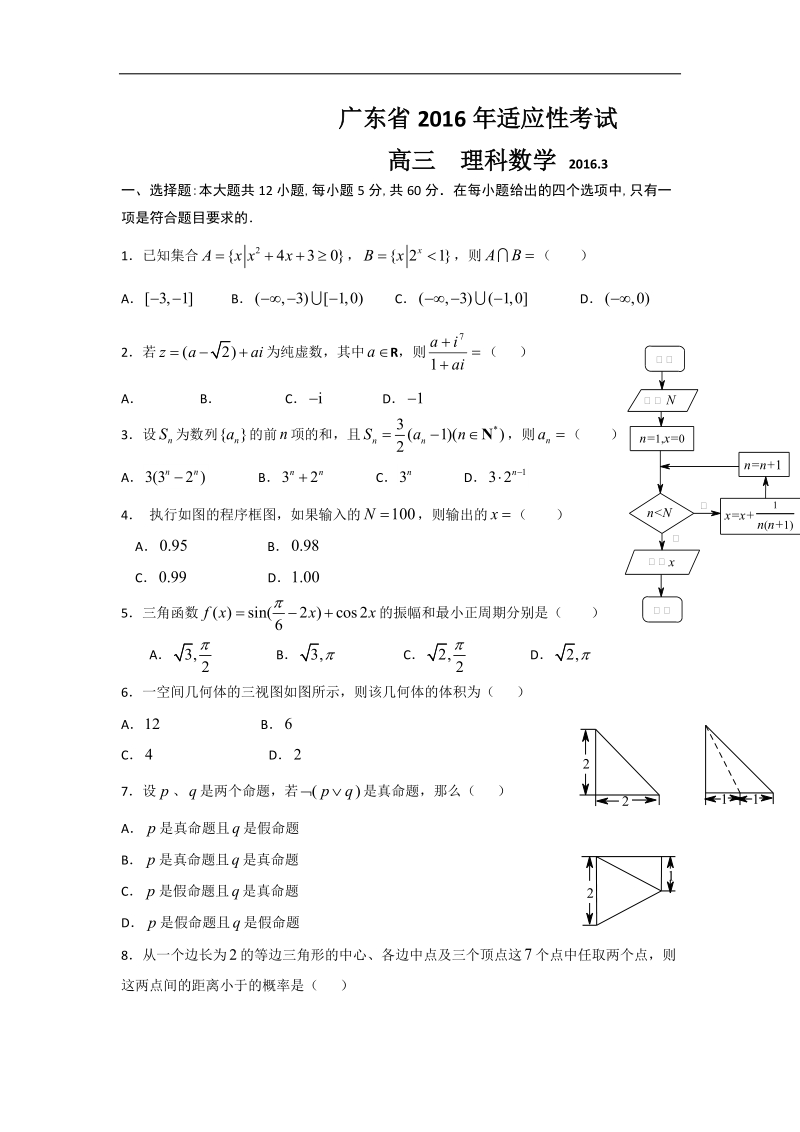 2016年广东省高三3月适应性考试数学理试题（word版）.doc_第1页