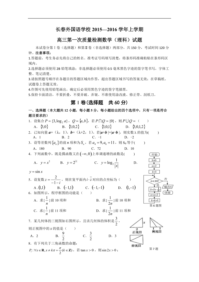 2016年吉林省长春外国语学校高三上学期第一次质量检测 数学（理）试题  word版.doc_第1页