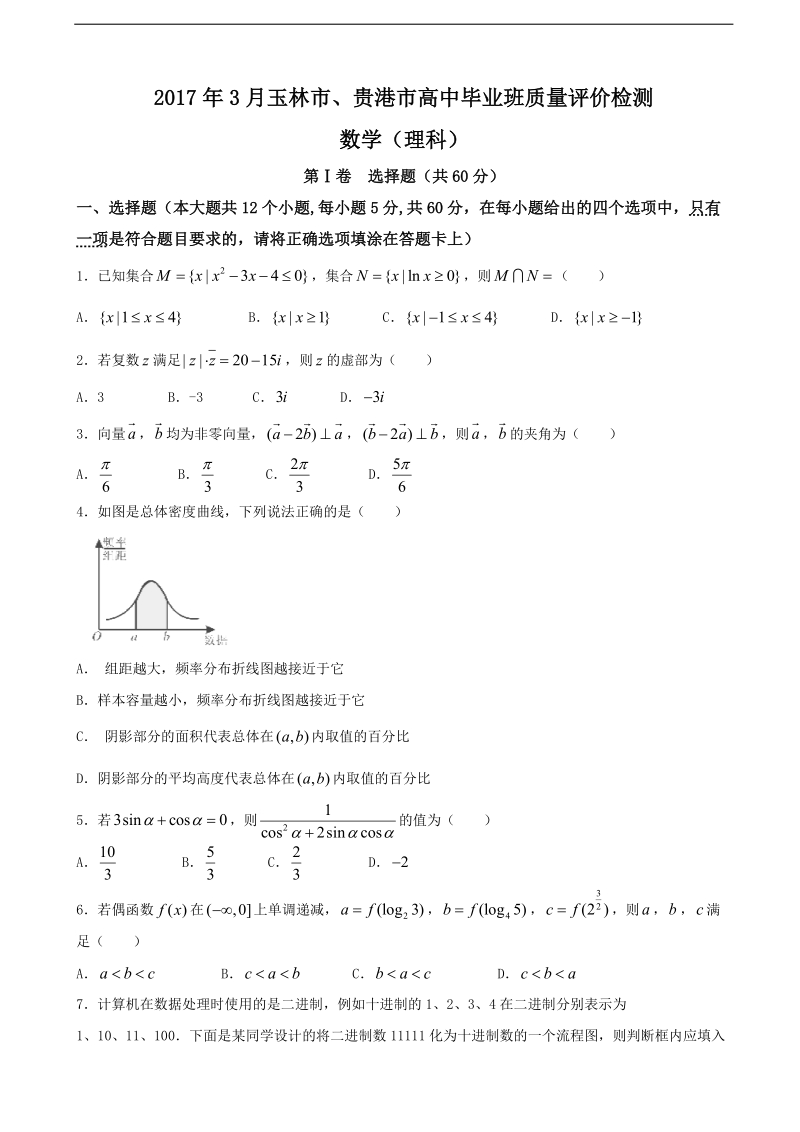 2017年广西玉林市、贵港市高中毕业班质量检测数学（理）试题.doc_第1页