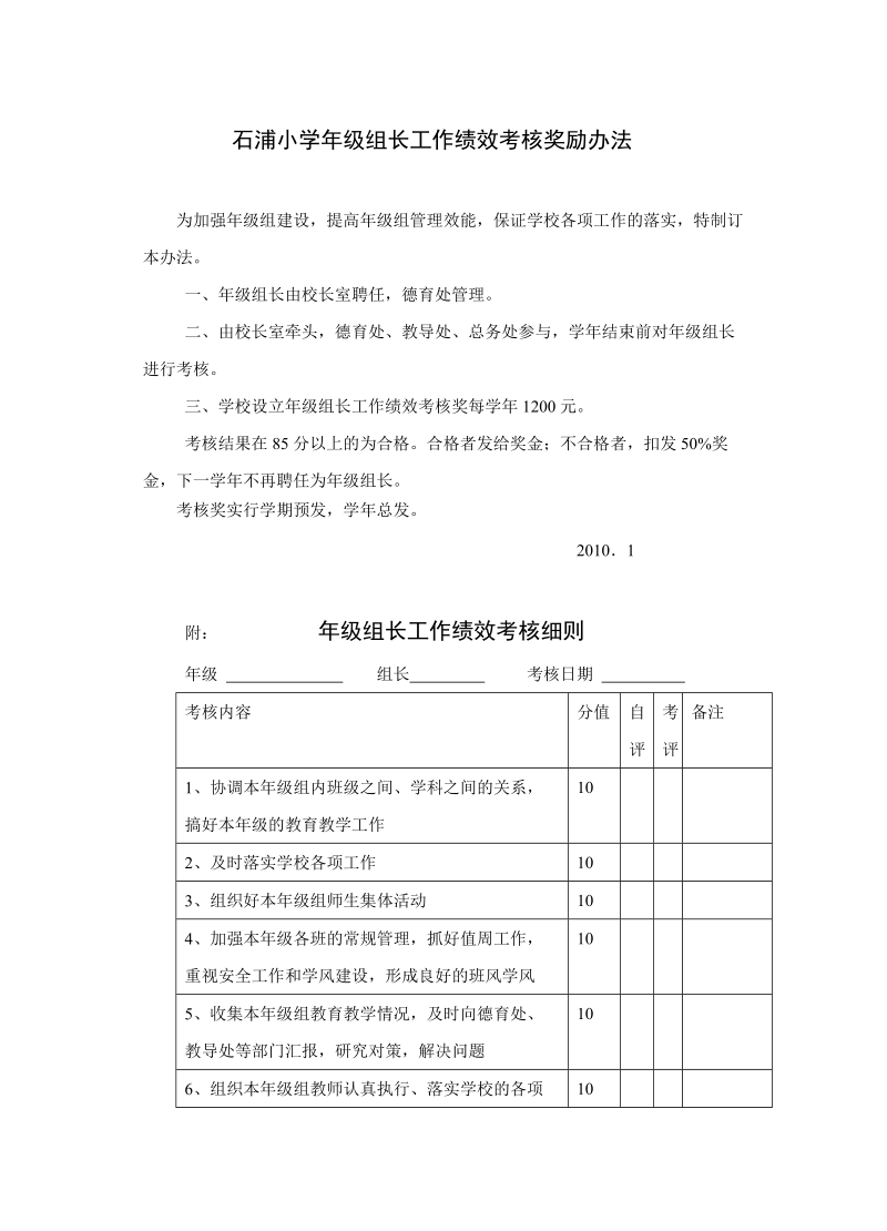 石浦小学年级组长工作b绩效考核奖励办法2010年1月.doc_第1页