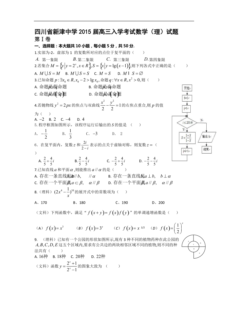 四川省新津中学2015年高三入学考试数学（理）试题.doc_第1页