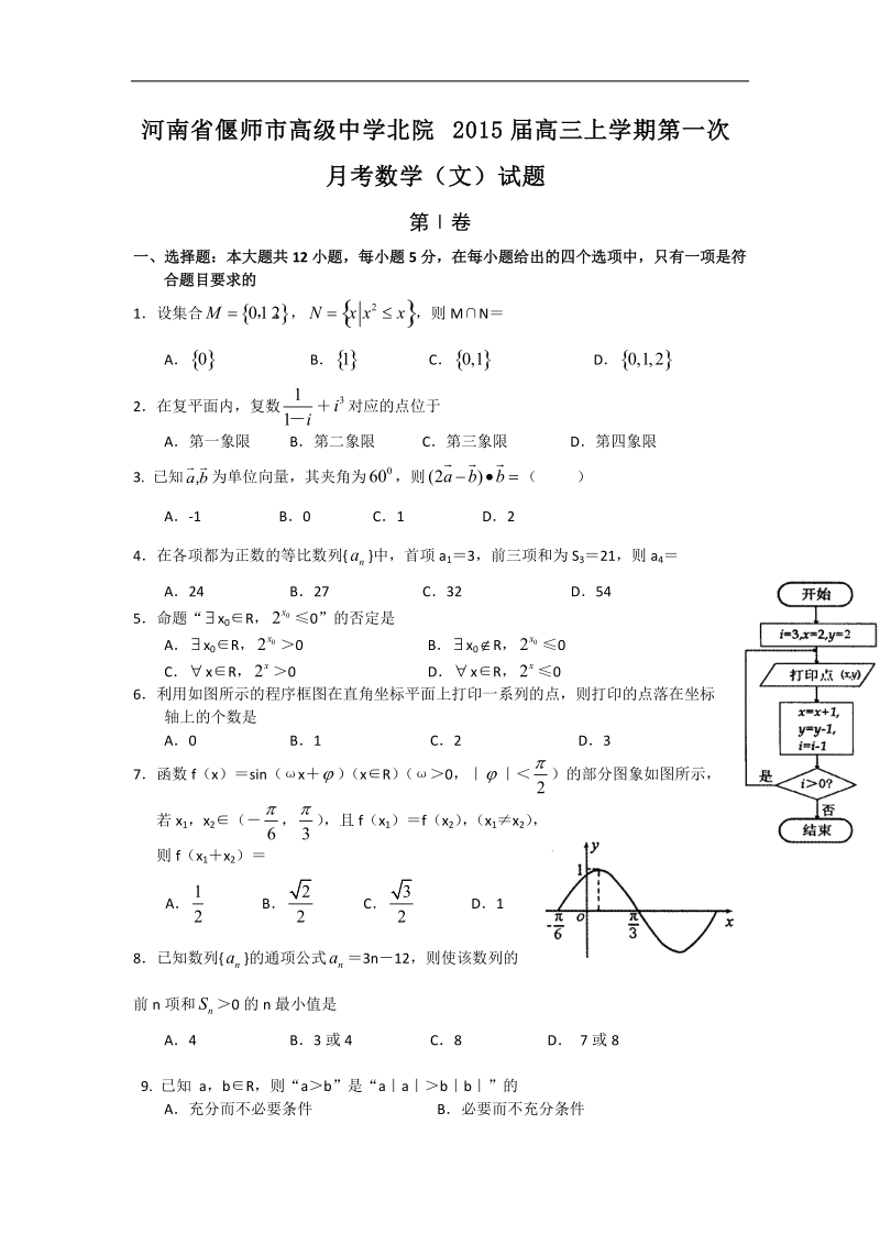 河南省偃师市高级中学北院2015年高三上学期第一次月考数学（文）试题.doc_第1页