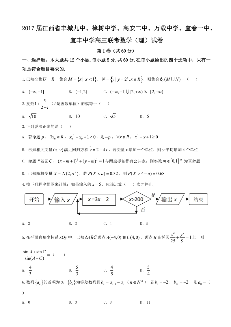 2017年江西省丰城九中、樟树中学、高安二中、万载中学、宜春一中、宜丰中学高三联考数学（理）试卷.doc_第1页