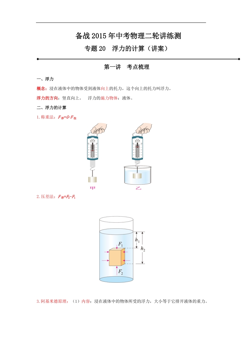 专题20 浮力计算（讲）-备战2015届中考物理二轮讲练测.doc_第1页