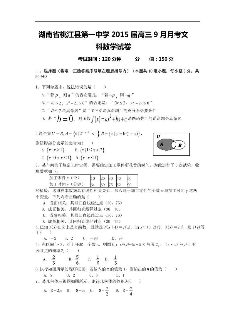 湖南省桃江县第一中学2015年高三9月月考文科数学试卷 word版.doc_第1页