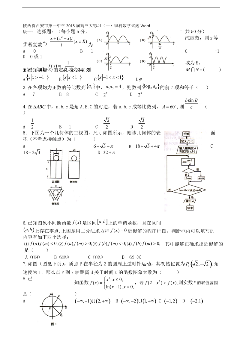 [套卷] 陕西省西安市第一中学2015年高三大练习（一）试题 数学（理）.doc_第1页