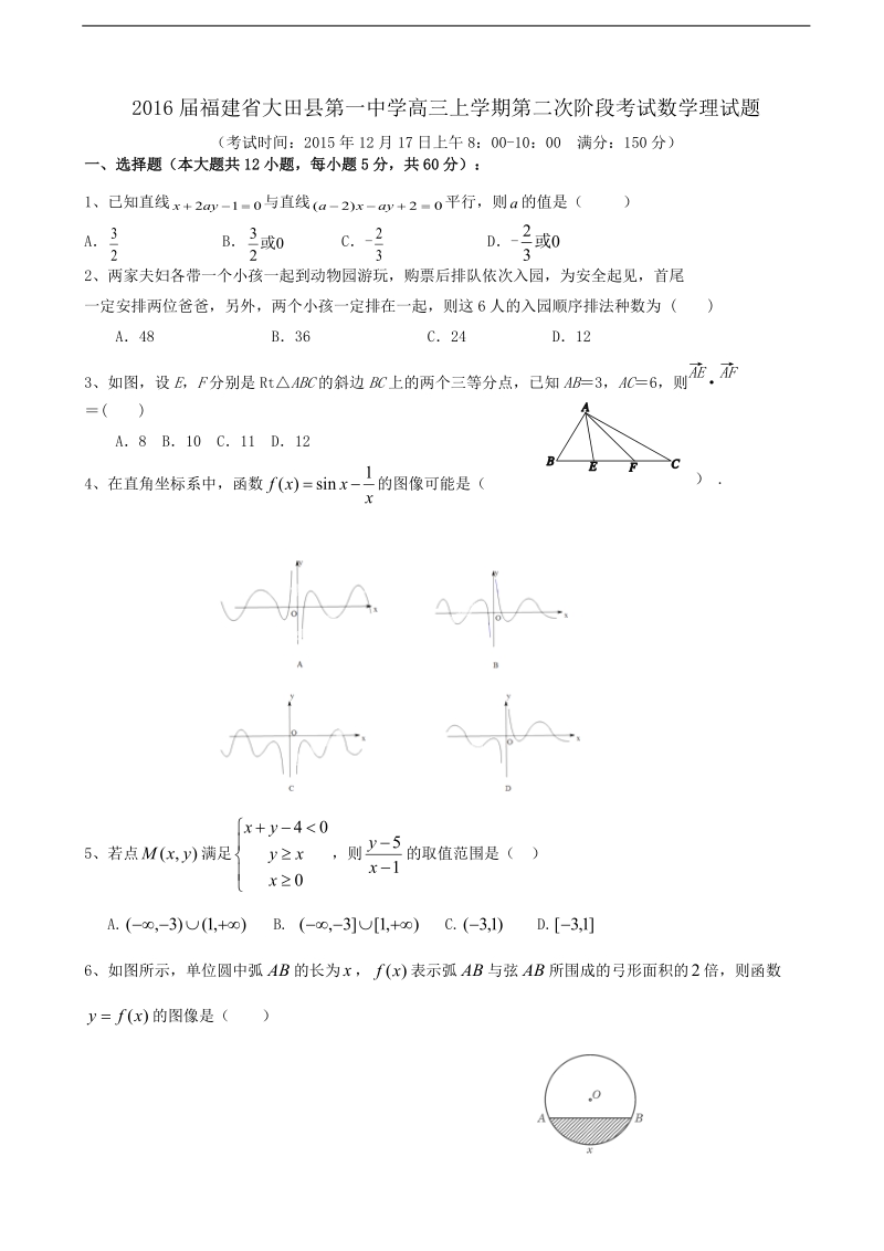 2016年福建省大田县第一中学高三上学期第二次阶段考试数学理试题.doc_第1页