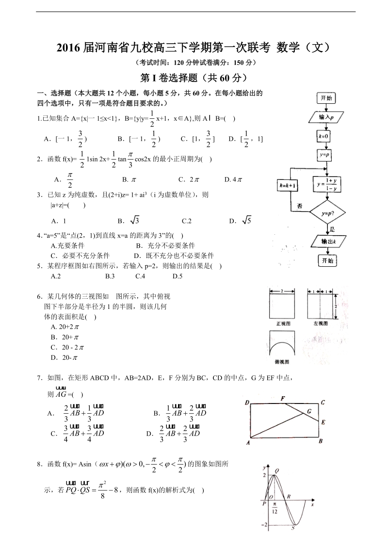 2016年河南省九校高三下学期第一次联考 数学（文）.doc_第1页