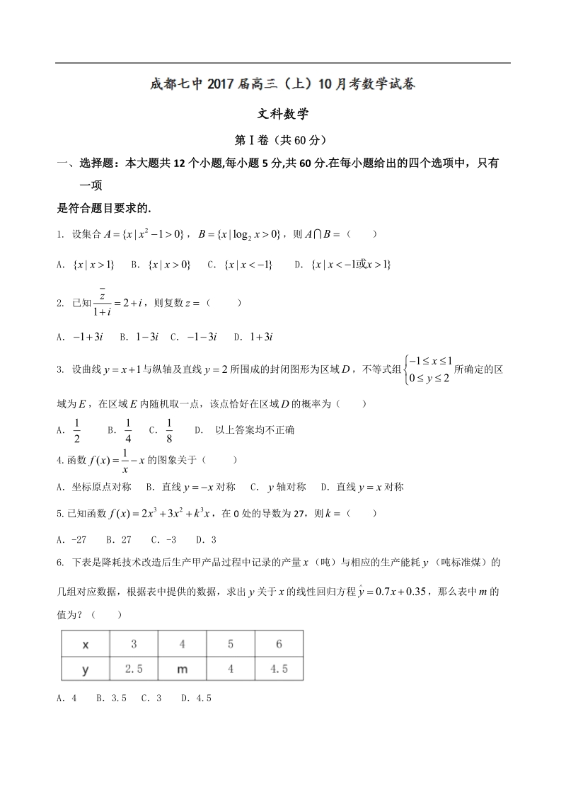 2017年四川成都七中第一学期高三文科数学10月阶段性测试卷.doc_第1页