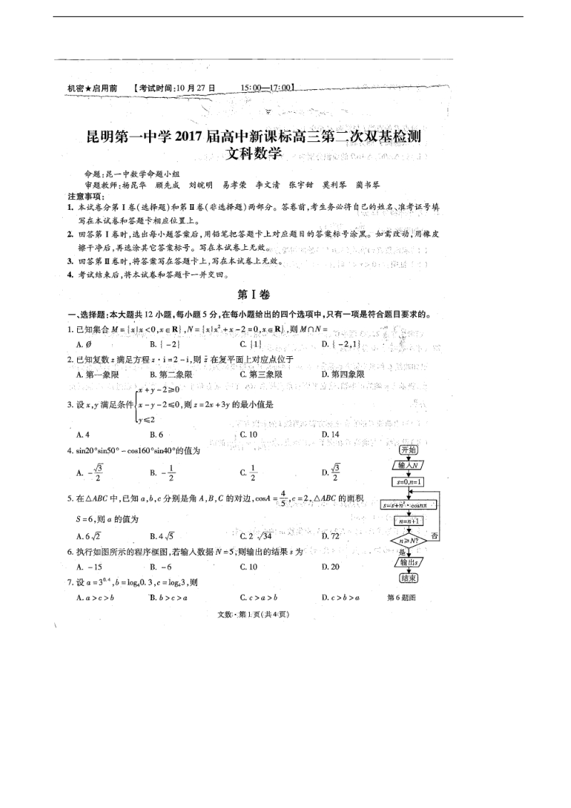 2017年云南省昆明市第一中学高三第二次双基检测文科数学试卷（图片版,含答案）.doc_第1页