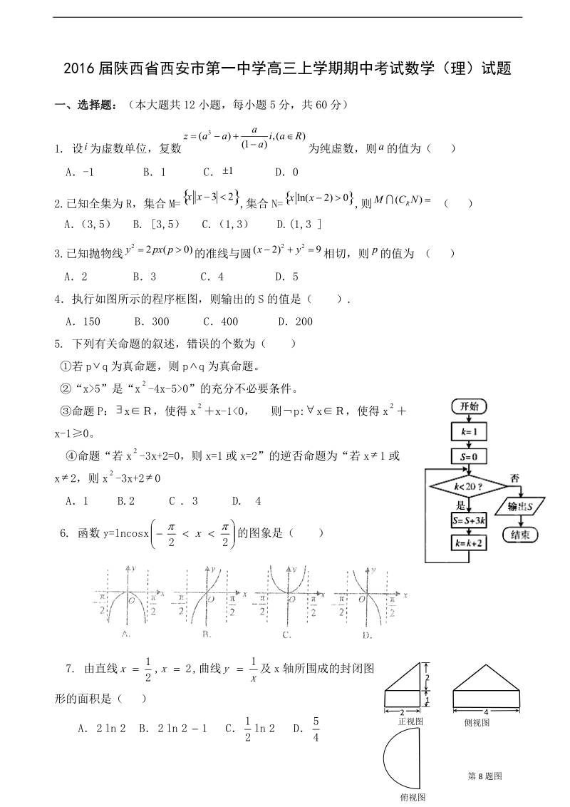 2016年陕西省西安市第一中学高三上学期期中考试数学（理）试题.doc_第1页