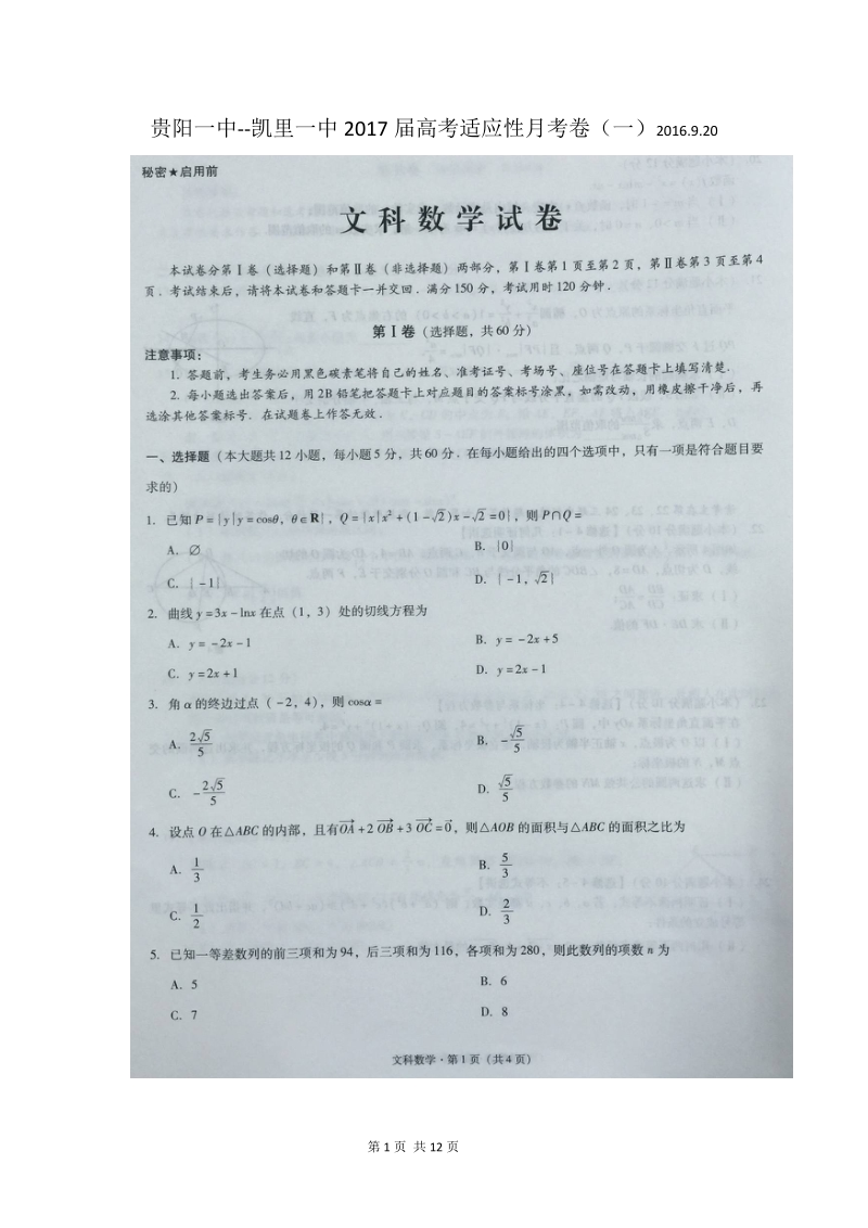 2017届贵州省凯里市第一中学、贵阳一中高三上学期适应性月考（一）数学（文）试题（图片版）.doc_第1页