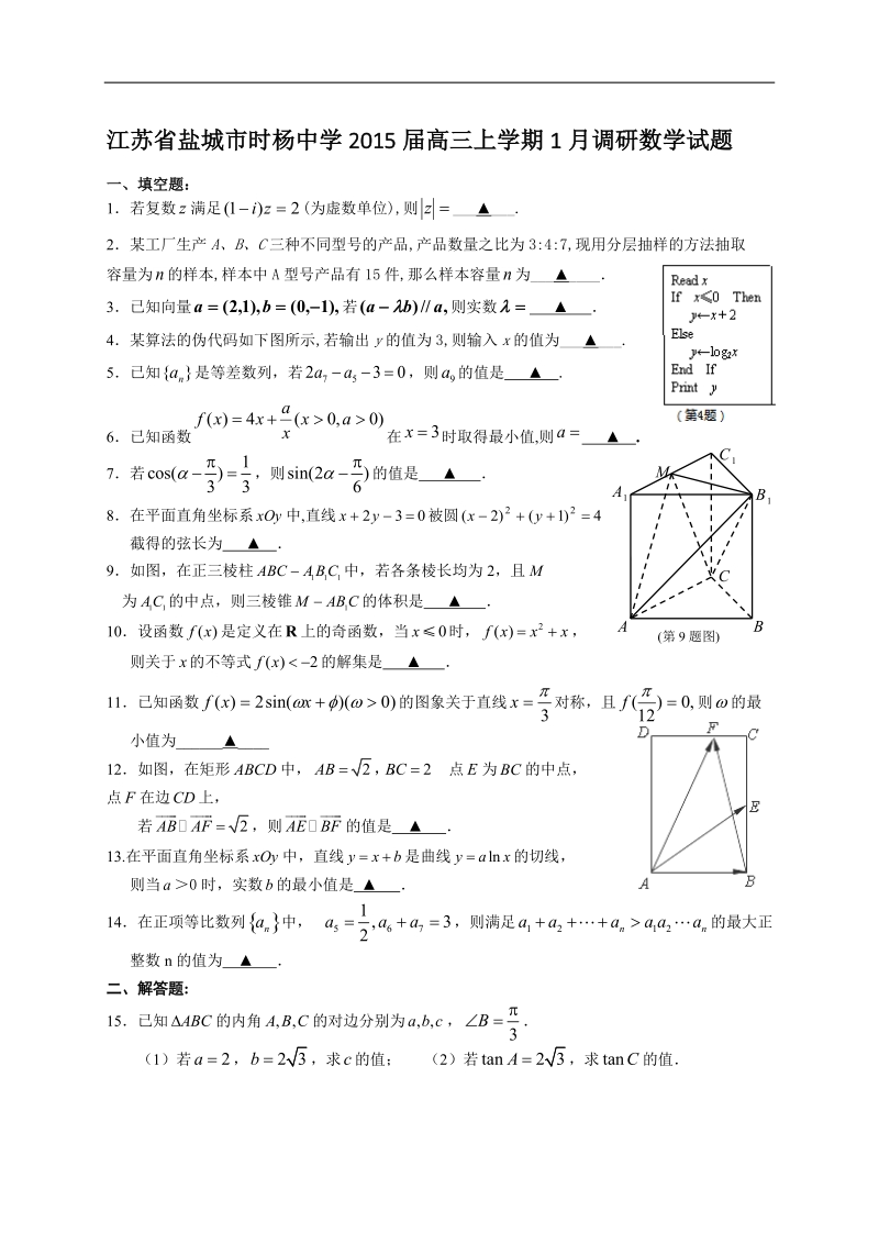 江苏省盐城市时杨中学2015年高三上学期1月调研数学试题.doc_第1页