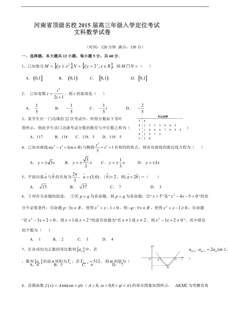 河南省顶级名校2015年高三年级入学定位考试数学（文）试题.doc_第1页