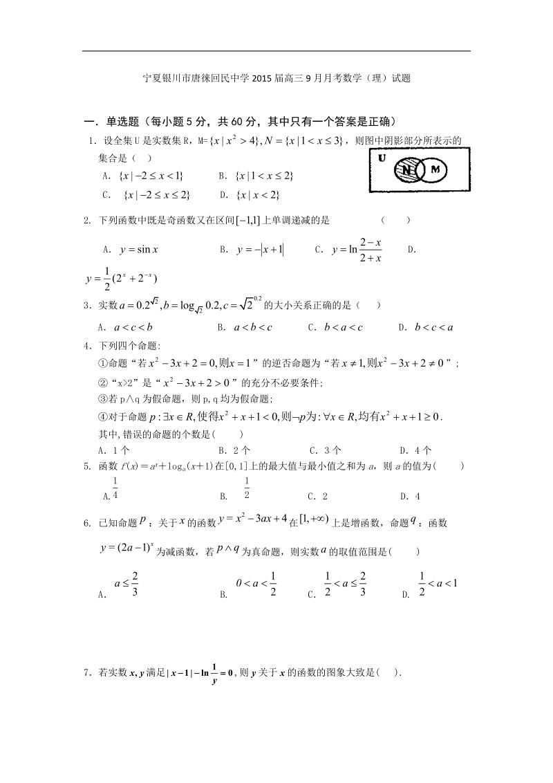 [套卷]宁夏银川市唐徕回民中学2015年高三9月月考数学（理）试题.doc_第1页