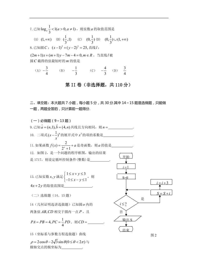 广东省广州增城市2015年高中毕业班调研测试 数学理.doc_第2页