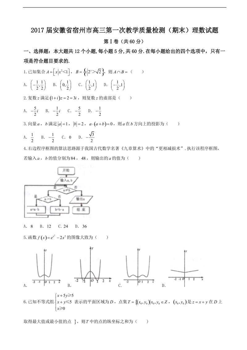 2017年安徽省宿州市高三第一次教学质量检测（期末）理数试题.doc_第1页