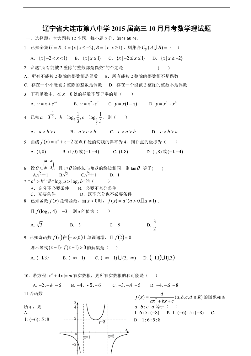 辽宁省大连市第八中学2015年高三10月月考数学理试题.doc_第1页