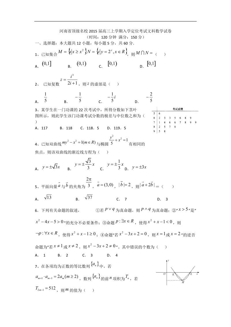 河南省顶级名校2015年高三上学期入学定位考试文科数学试卷 word版.doc_第1页