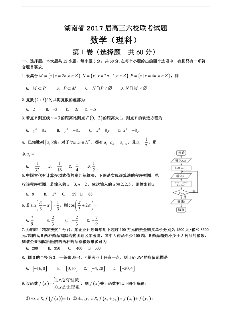 2017年湖南省高三下学期六校联考试题 数学（理）.doc_第1页