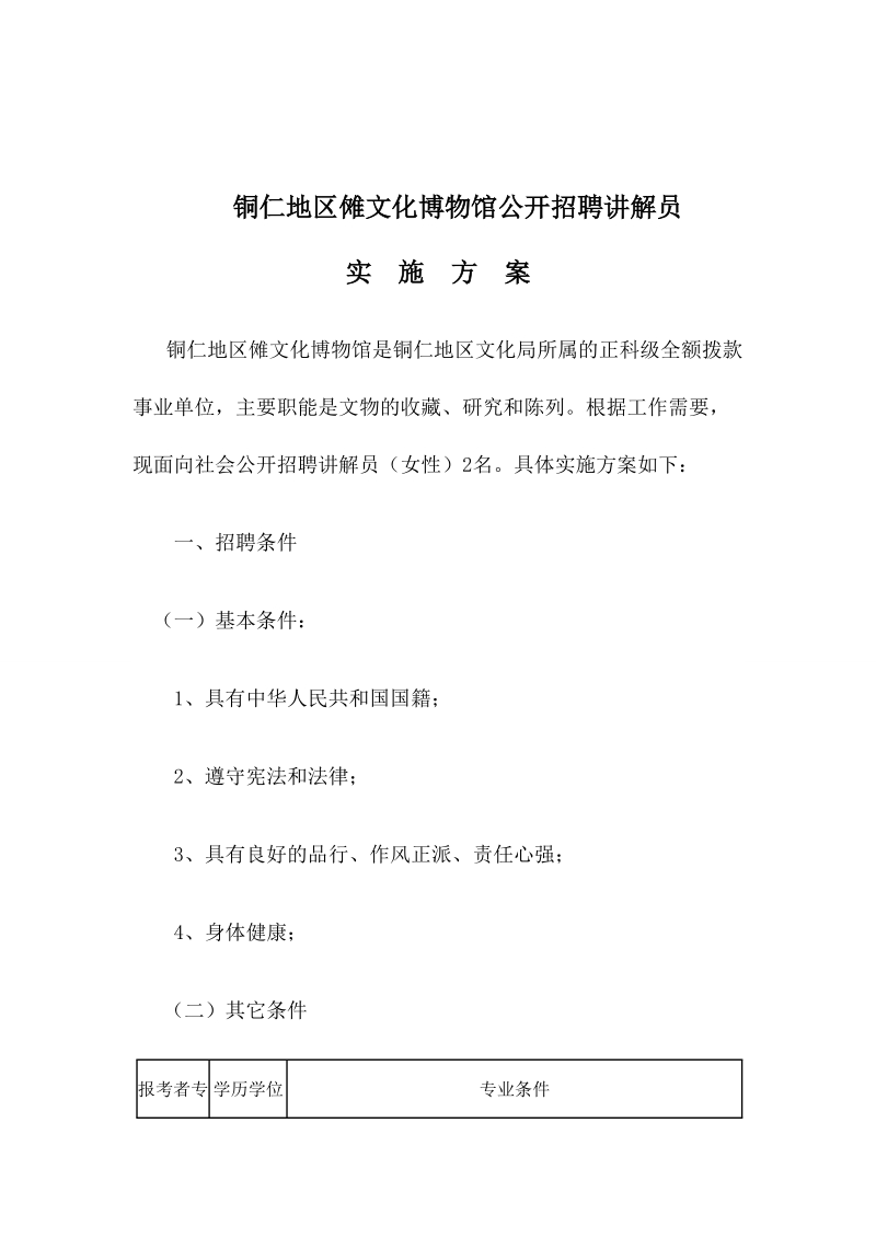 铜仁地区傩文化博物馆公开招聘讲解员 实施方案  2010年1月20日.doc_第1页