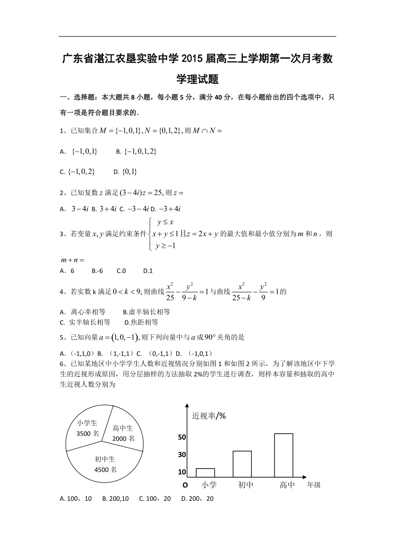 广东省湛江农垦实验中学2015年高三上学期第一次月考数学理试题 word版.doc_第1页