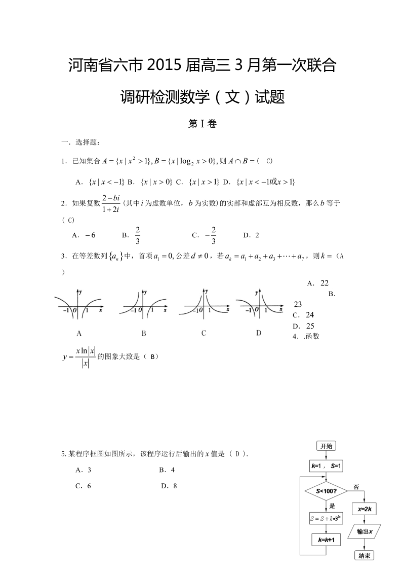 河南省六市2015年高三3月第一次联合调研检测数学（文）试题.doc_第1页