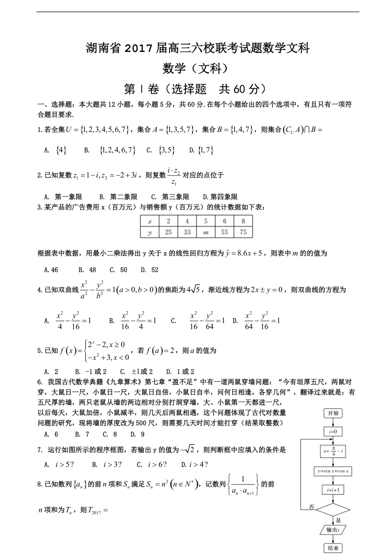 2017年湖南省高三下学期六校联考试题 数学（文）.doc_第1页