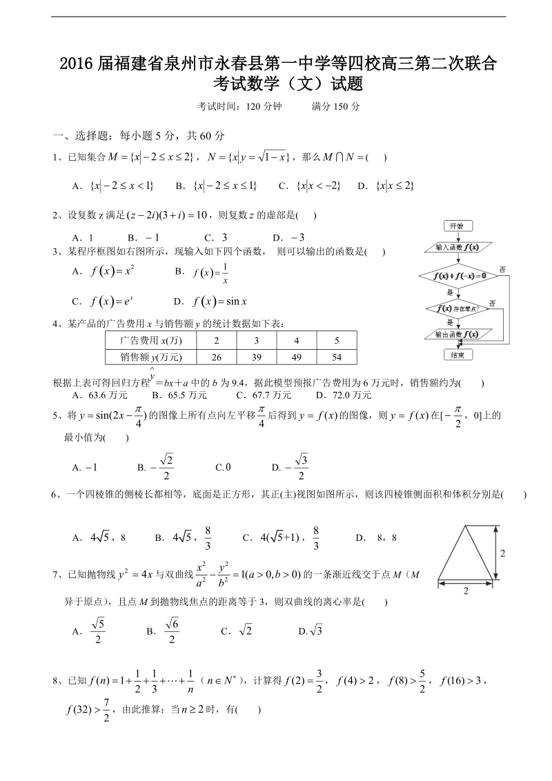 2016年福建省泉州市永春县第一中学等四校高三第二次联合考试数学（文）试题.doc_第1页