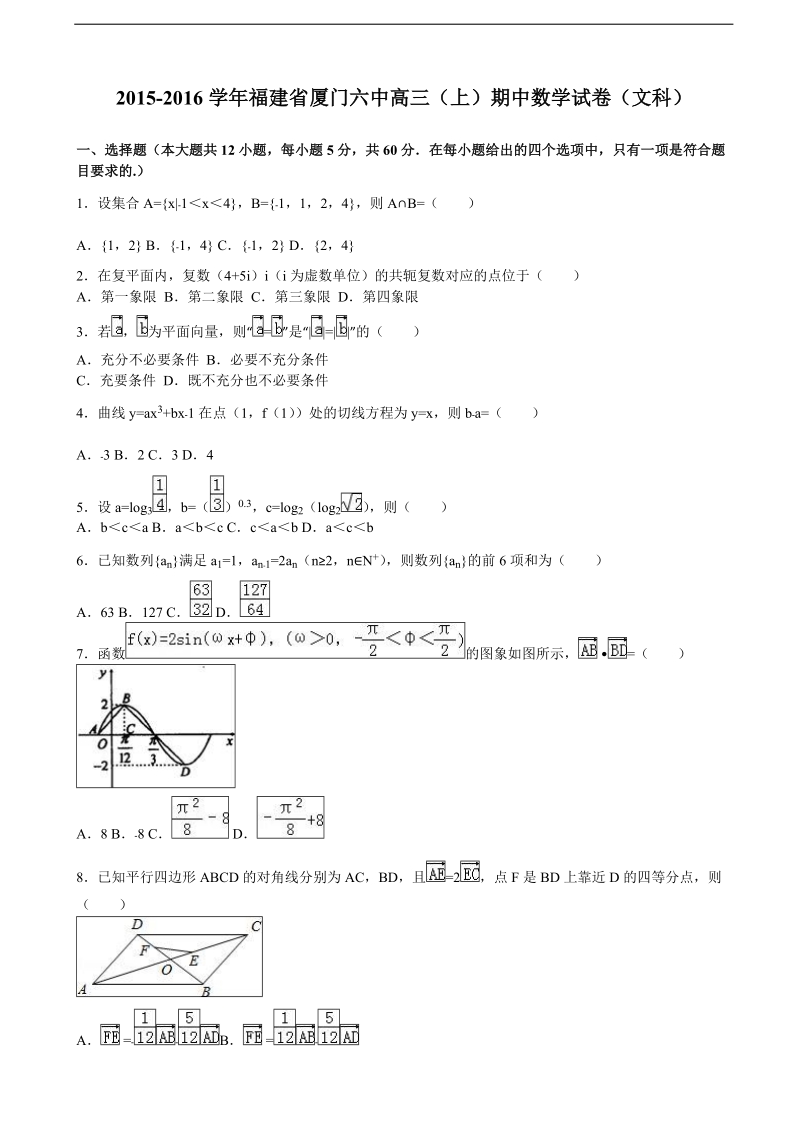 2016年福建省厦门六中高三上学期期中数学试卷（文科）（解析版）.doc_第1页