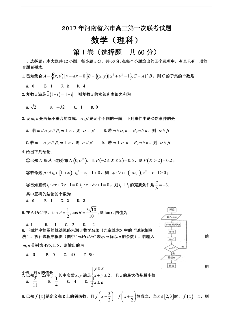 2017年河南省六市高三下学期第一次联考试题 数学（理）.doc_第1页