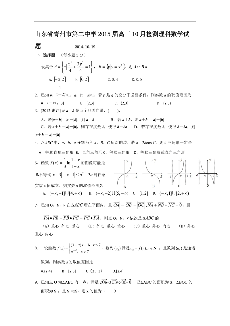 山东省青州市第二中学2015年高三10月检测理科数学试题 word版.doc_第1页